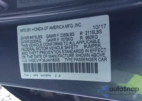 2018 Honda Accord Sport z USA, uszkodzony, nr VIN 1HGCV1F36JA018005